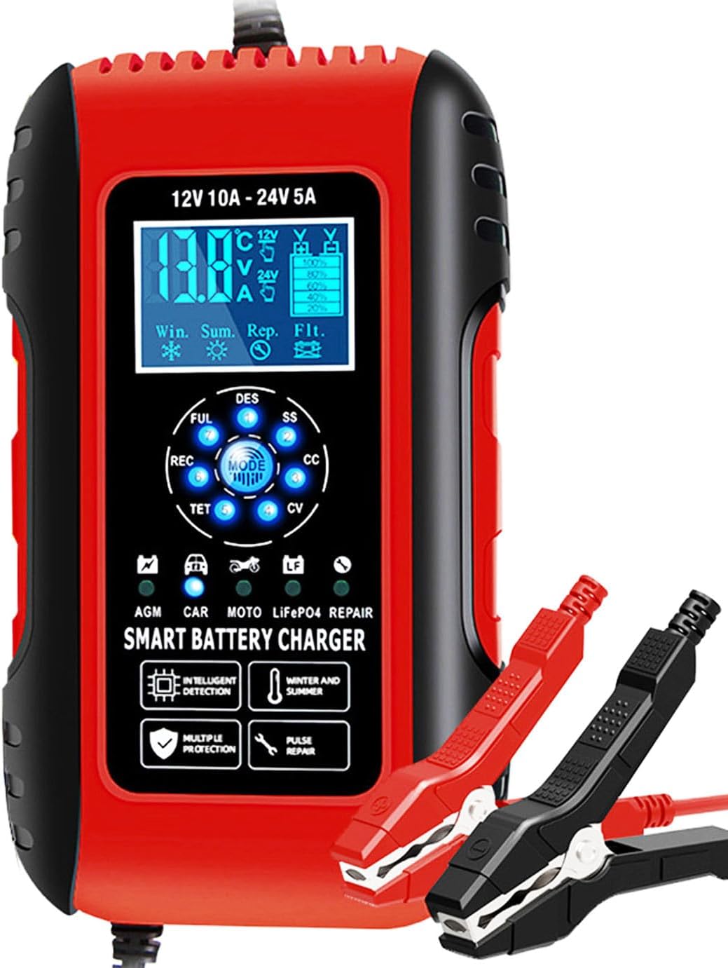 10Amp 12V/24V Car Battery Charger, Automatic Smart Battery Charger with Temperature Compensation, Intelligent Charges, Repairs, Maintains Lead Acid Batteries, Car, Motorcycle, Boat Mower Battery