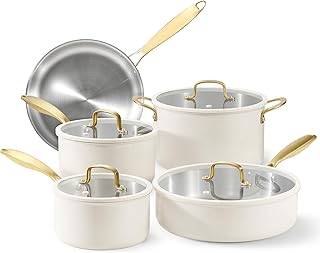 CAROTE Ceramic Tri-Ply Stainless Steel Cookware Set, 10Pcs Stainless Steel Pots and Pans with Tempered Glass Lids, Stay-Cool Handles, Dishwasher and Oven Safe up to 500°F