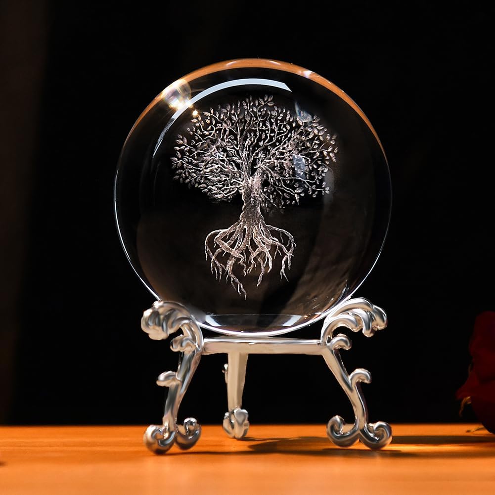 IFOLAINA 3D Tree of Life Crystal Ball Paperweight Glass Sphere Figurines for Home Decor Ideal Fengshui Ornament for Home Decoration