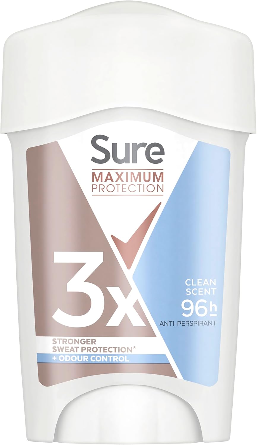 Sure Maximum Protection Clean Scent Anti-Perspirant Cream Women's Deodorant Stick with 3x stronger* sweat protection for 96 hour sweat and odour protection 45 ml