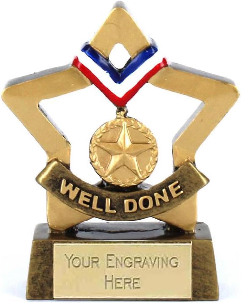 Gold Mini Star Well Done Medal Award Trophy 8cm Resin FREE engraving and Certificate