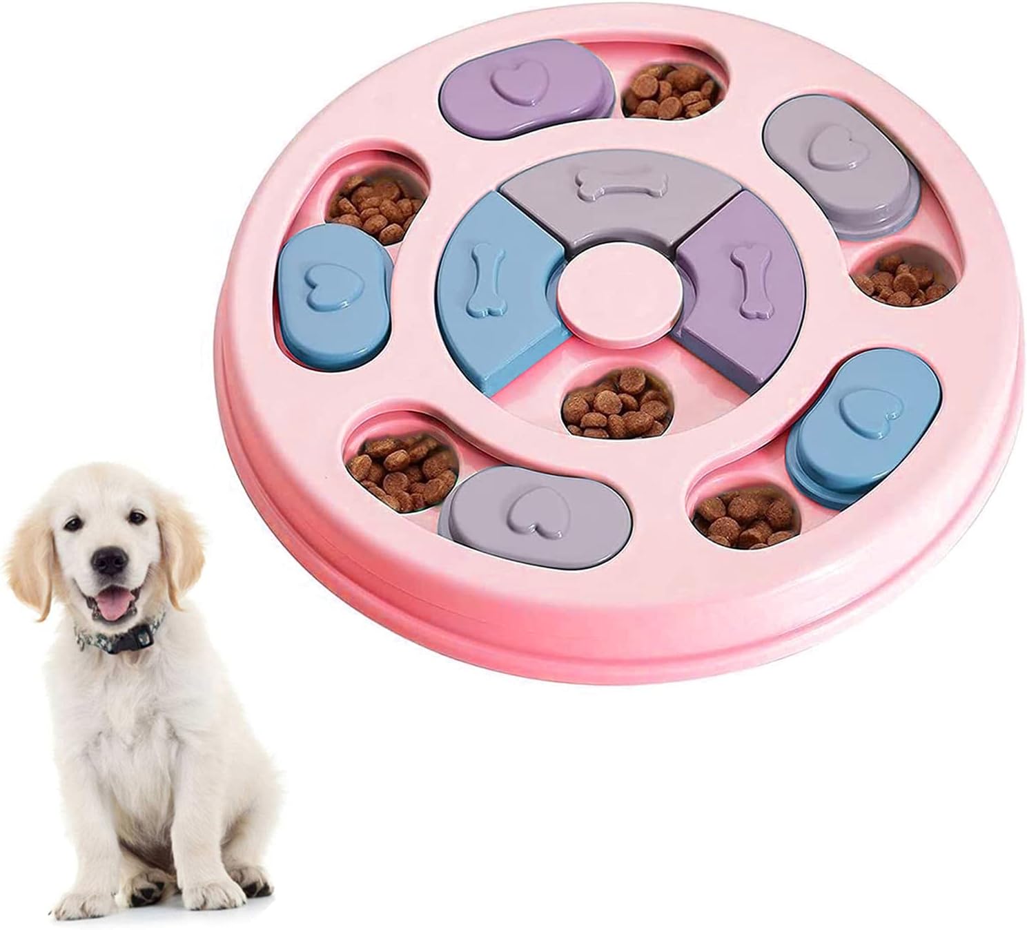Dog Puzzle Slow Feeder Toy,Puppy Treat Dispenser Slow Feeder Bowl Whelp Toy,Dog Brain Games Dish with Non-Slip, Improve IQ Puzzle Bowl for Puppy (Pink)