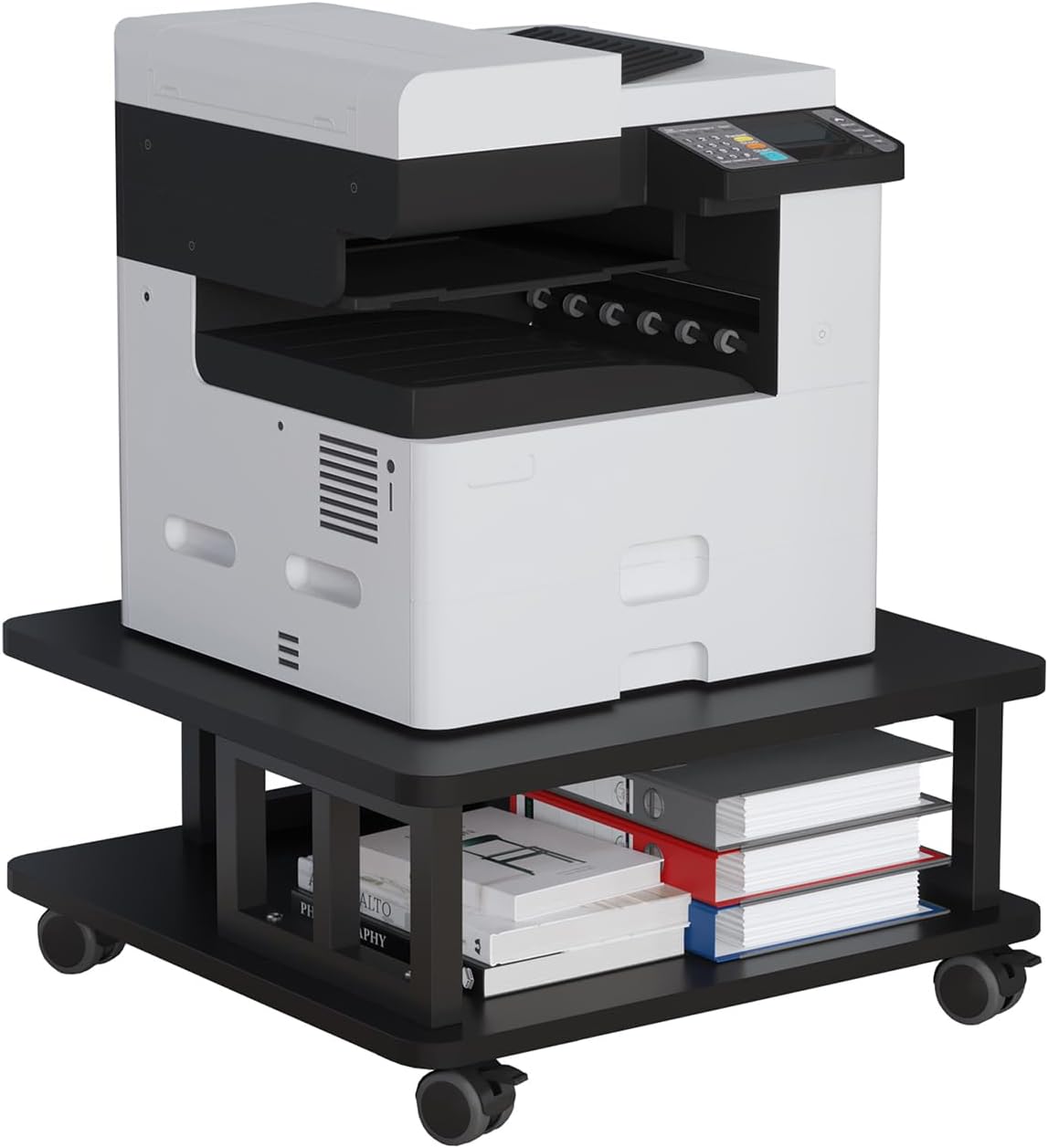 Mobile Printer Stand, 2-Tier Large Printer Shelf for Laser 3D Printer Office Machine with Storage, 23.6"x23.6" Wood Printer Cart Under Desk Rack with Wheels for Office Home Kitchen (Black)