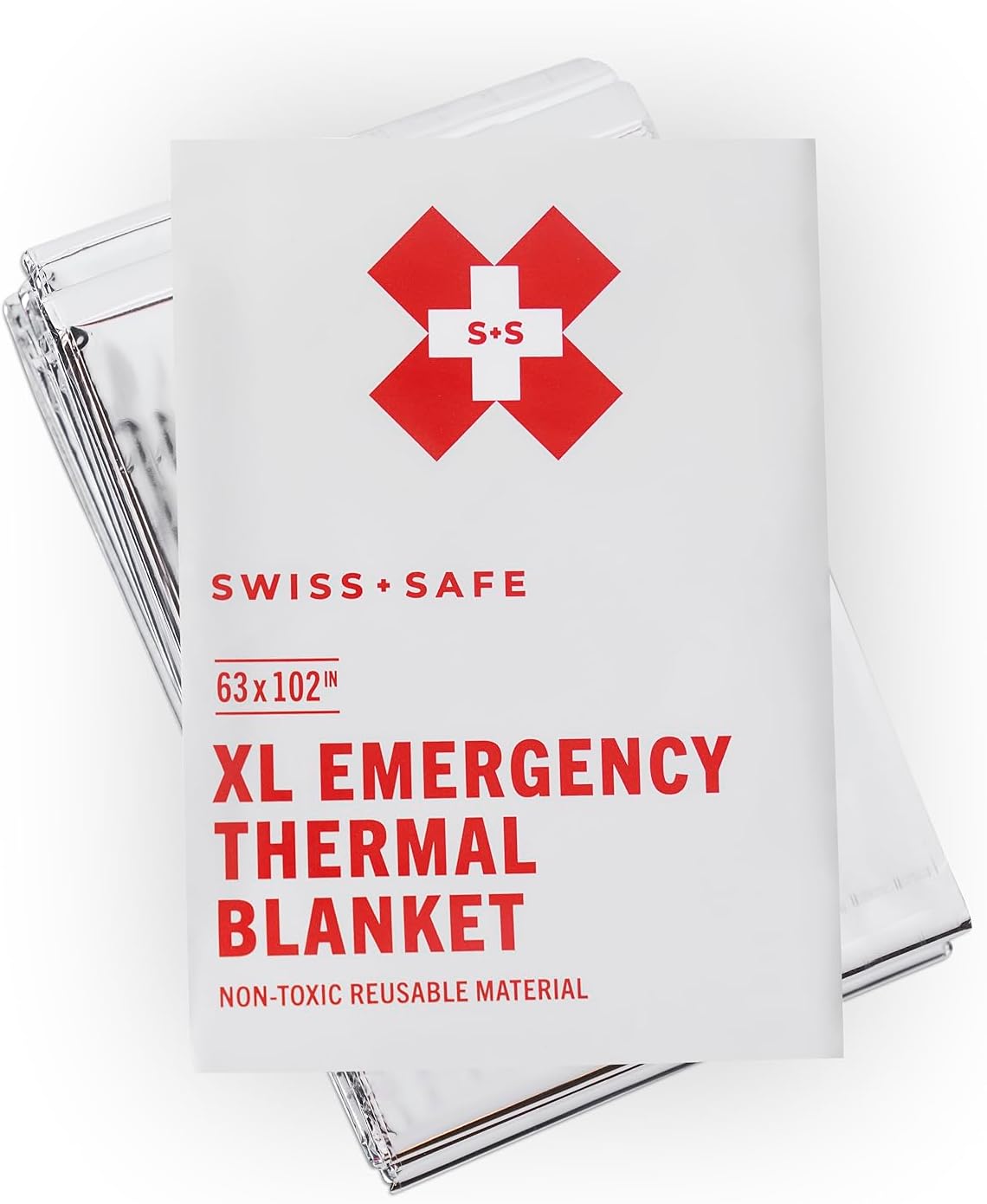 Swiss Safe Emergency Mylar Thermal Blankets + Bonus Space Blanket - Compact & Insulated for Cold Weather - Designed for NASA, Outdoor Camping, Survival, First Aid Car Kit - Silver, 4 Pack, XL