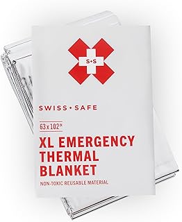 Swiss Safe Emergency Mylar Thermal Blankets + Bonus Space Blanket - Compact & Insulated for Cold Weather - Designed for NASA, Outdoor Camping, Survival, First Aid Car Kit - Silver, 4 Pack, XL