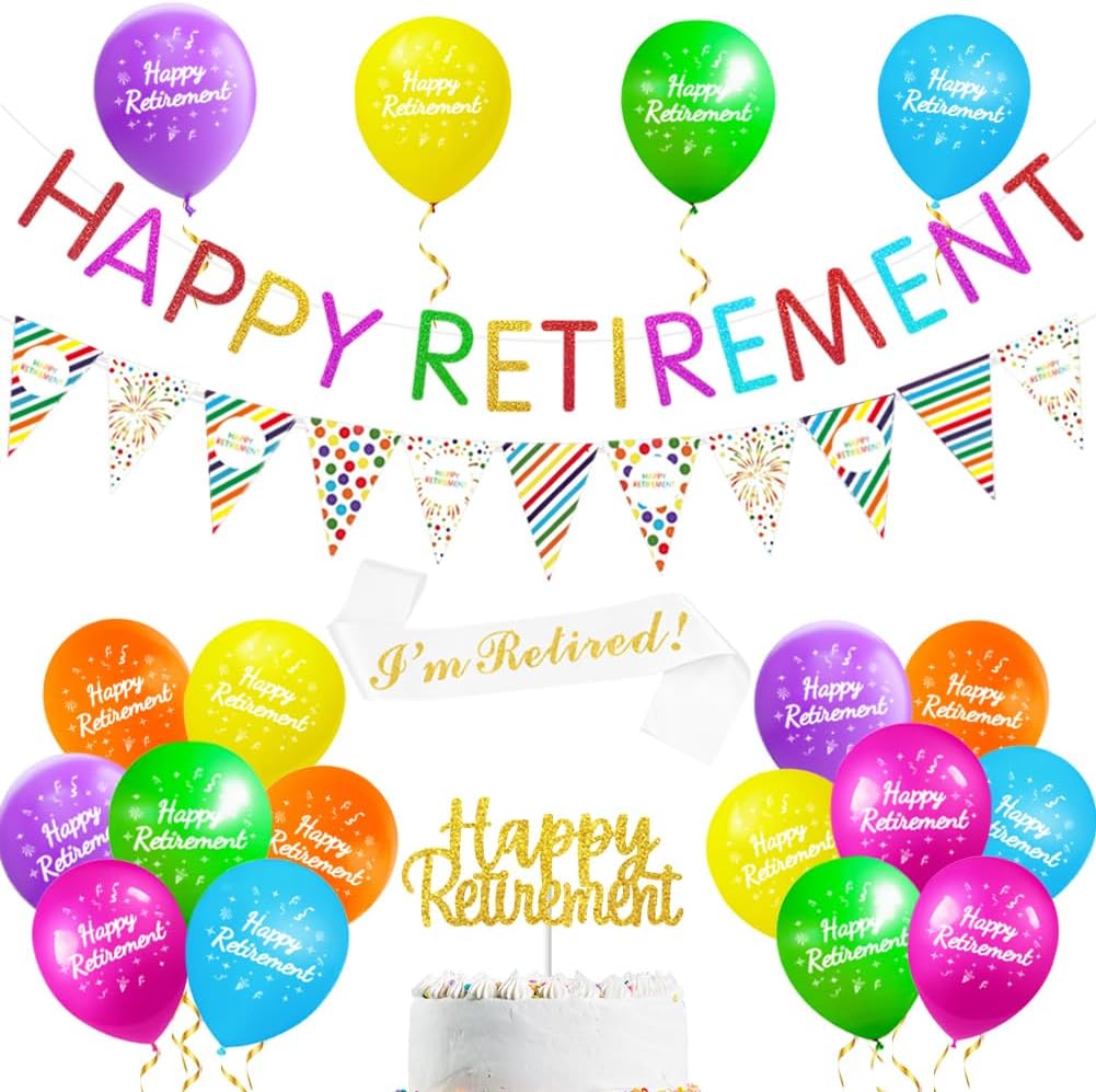 Colorful Retirement Party Decorations Kit – Includes Banner, Balloons, Sash and Cake Topper – Fun Party Supplies for Retirement Celebrations and Office Farewell Events