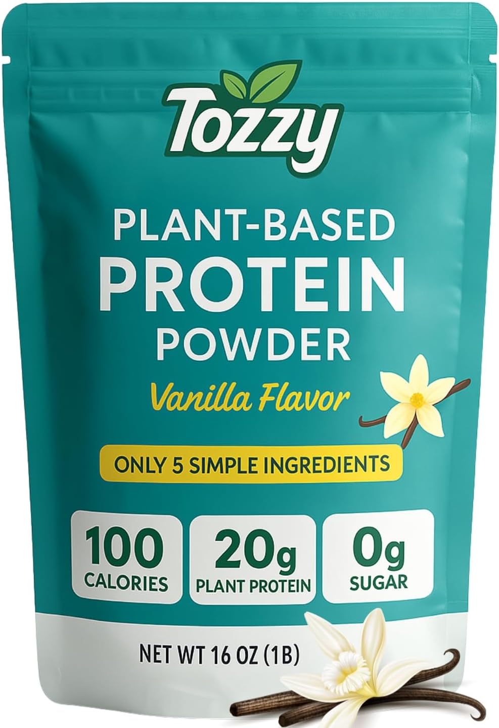 TOZZY Plant-Based Protein Powder, Vanilla – Only 5 Natural Ingredients | 1 LB (15 Servings) | 20g Protein, 100 Calories, 0g Sugar | Vegan, Non-GMO, Smooth Mix
