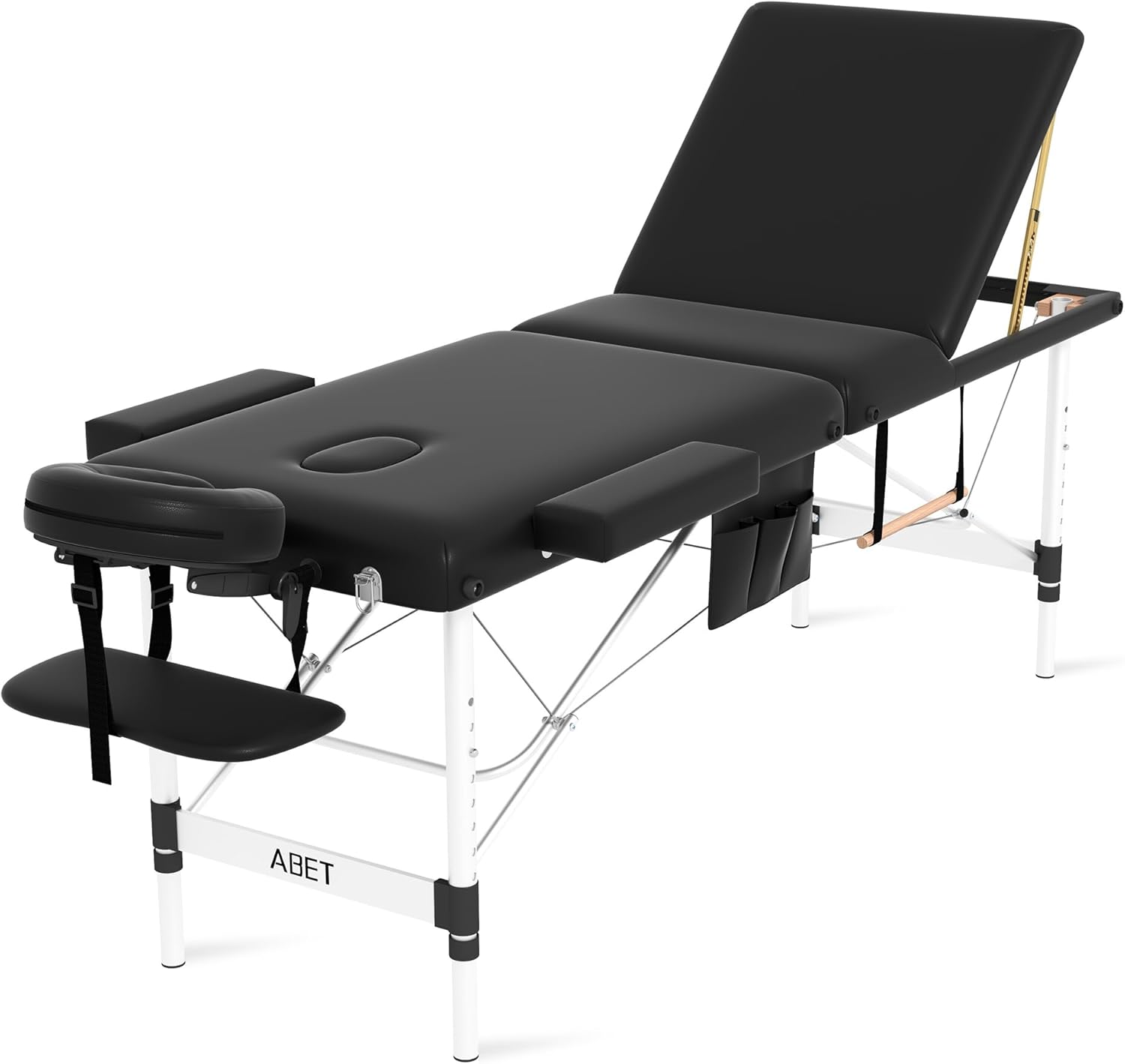 ABET Massage Table, 3 Fold Portable Professional Lash Tattoo Spa Bed, Height Adjustable 23.5" Wide Compact Facial Table with Detachable Oil Pocket Towel Rod Face Cradle Armrest, Aluminum Feet & Black