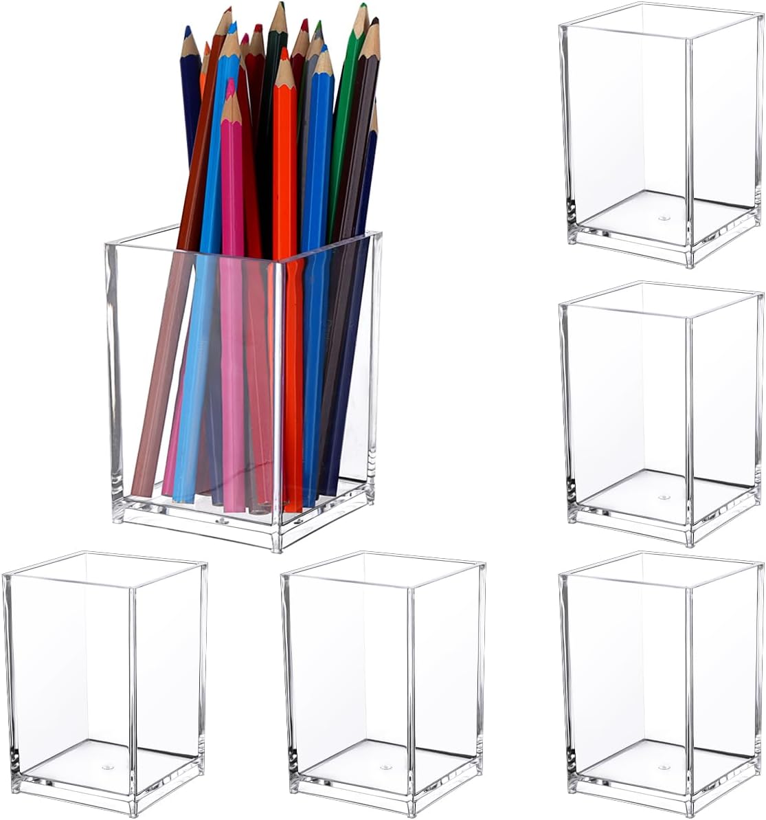 6 Pcs Acrylic Pen Pot - Square Acrylic Pencil Organizer, Transparent Pen Cup, Clear Makeup Brush Holder, Pencil Storage Basket for School, Home, Office Desk Accessory