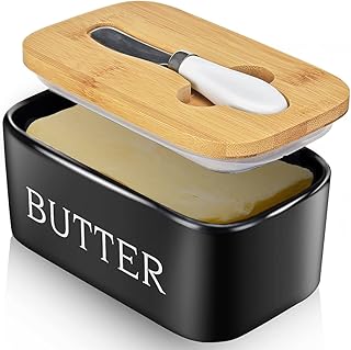 Butter Dish with Lid, Large Butter Dish for Countertop,Ceramic Butter Keeper Container with Knife and High-Quality Silicone Sealing Butter Dish for Home Decor Good Kitchen Gift Black