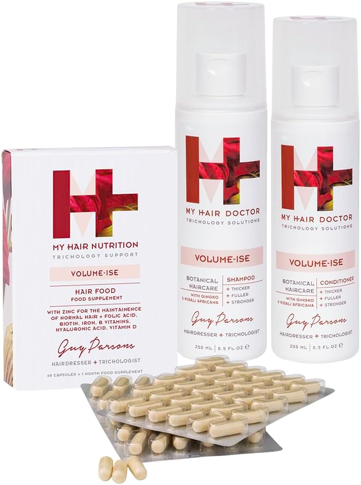 MHD Shampoo (250ml), Strengthening Conditioner (200ml) & Hair Food Supplements (60 Capsules) for Hair Loss Prevention Volume-ISE Hair Thickening Set