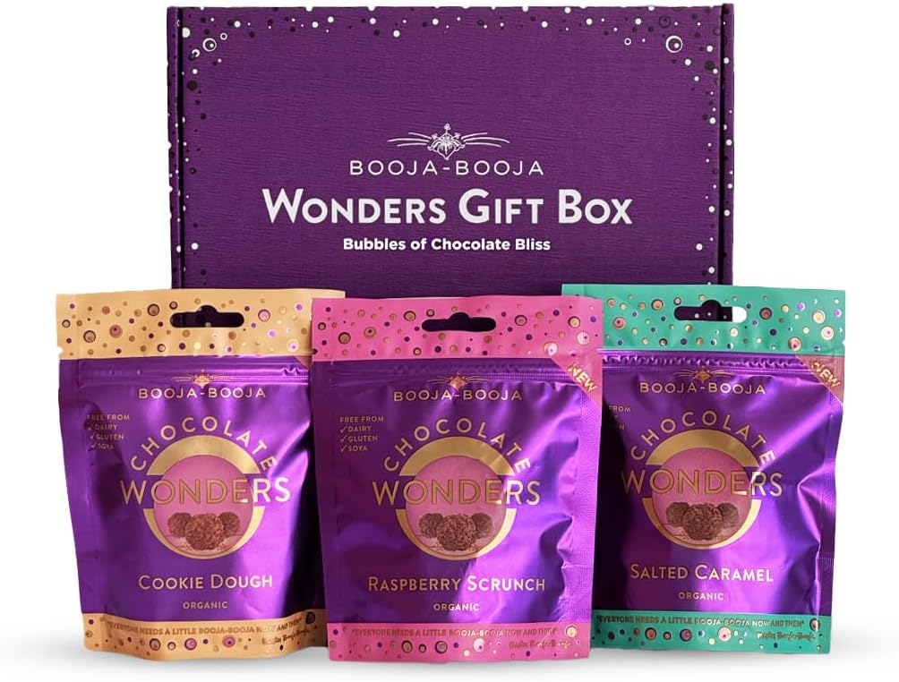 Chocolate Wonders Gift Box, Bite-sized Bubbles of Chocolate Bliss | Cookie Dough, Salted Caramel & Raspberry Scrunch Wonders by Booja - Booja (3 Pack)