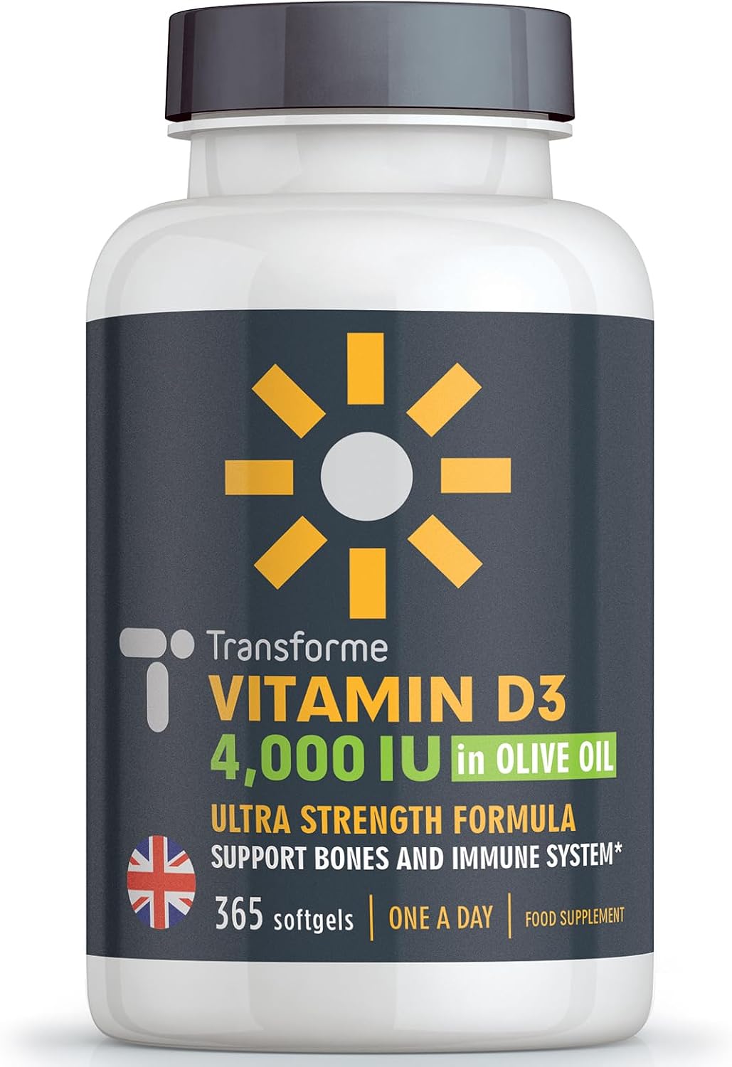 Transforme Vitamin D3 4000 IU in Olive Oil, 365 Capsules 1 Year Supply, Maximum Strength High Absorption Softgels, Easy to Swallow Quadruple Strength Vitamin D Cholecalciferol - Not Tablets