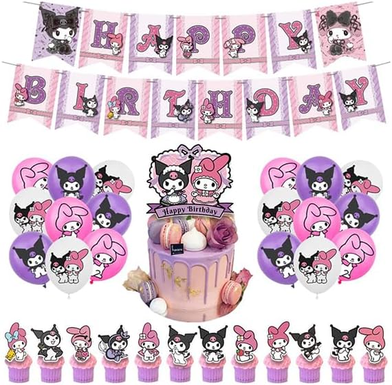 My Melody & Kuromi Birthday Decorations - Pink Cartoon Balloons, Banners & Cake Toppers