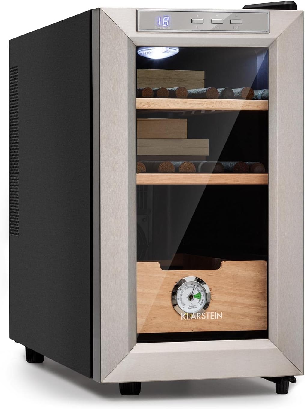 KLARSTEIN El Presidente Cigar Humidor - thermoelectric humidor cabinet with glass door, humidor humidifier with cedar wood shelves, hygrometer, LED interior light, Silver, 23L