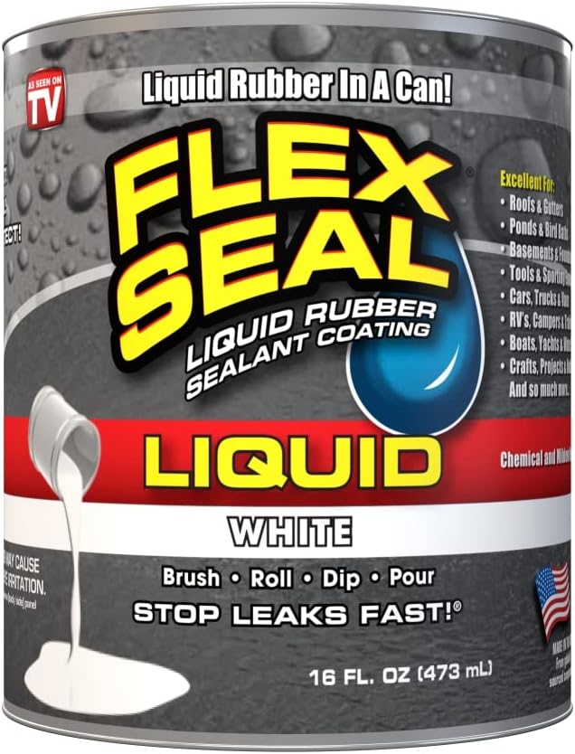 Flex Seal Liquid, 16 oz, White, Liquid Rubber Coating Sealant, Waterproof, Flexible, Breathable, and UV Resistant, Roof Repair, Basements, RV, Campers, Trailers, Marine, EPDM, Masonry
