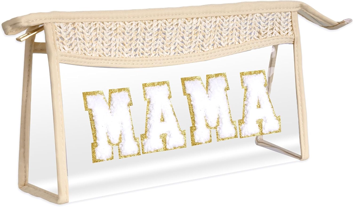 Boho Patch Cosmetic Bag with Zipper, Chenille Varsity Letter Makeup Bag, Clear Travel Pouch, Multi-purpose Small Toiletry Bag for Women Girls (Mama)