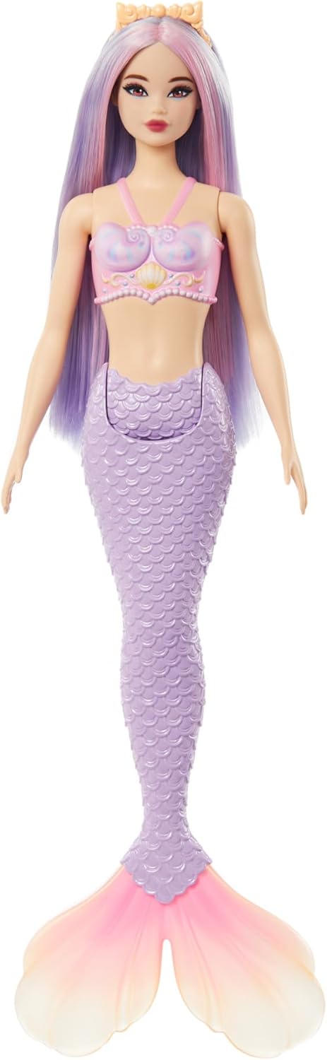 Barbie Mermaid Doll with Pink and Lilac Fantasy Hair and Headband Accessory, Toy with Shell-Inspired Bodice and Lavender Tail, HRR06