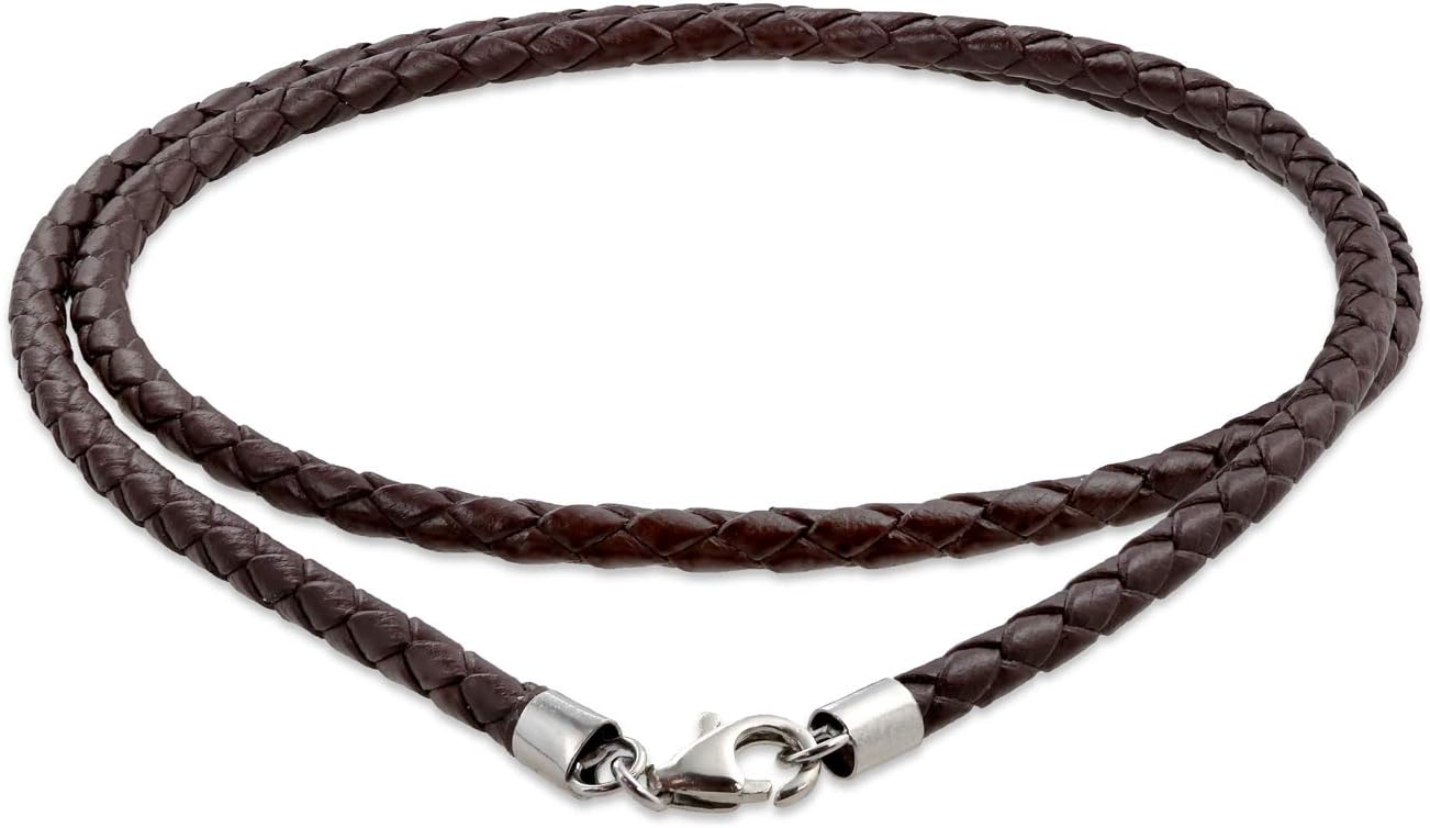 Unisex Genuine Brown Black Leather Braided Rope Weave Necklace Pendant Cord For Women Teens Men .925 Sterling Silver 14 16 18 20 24 Inch Length