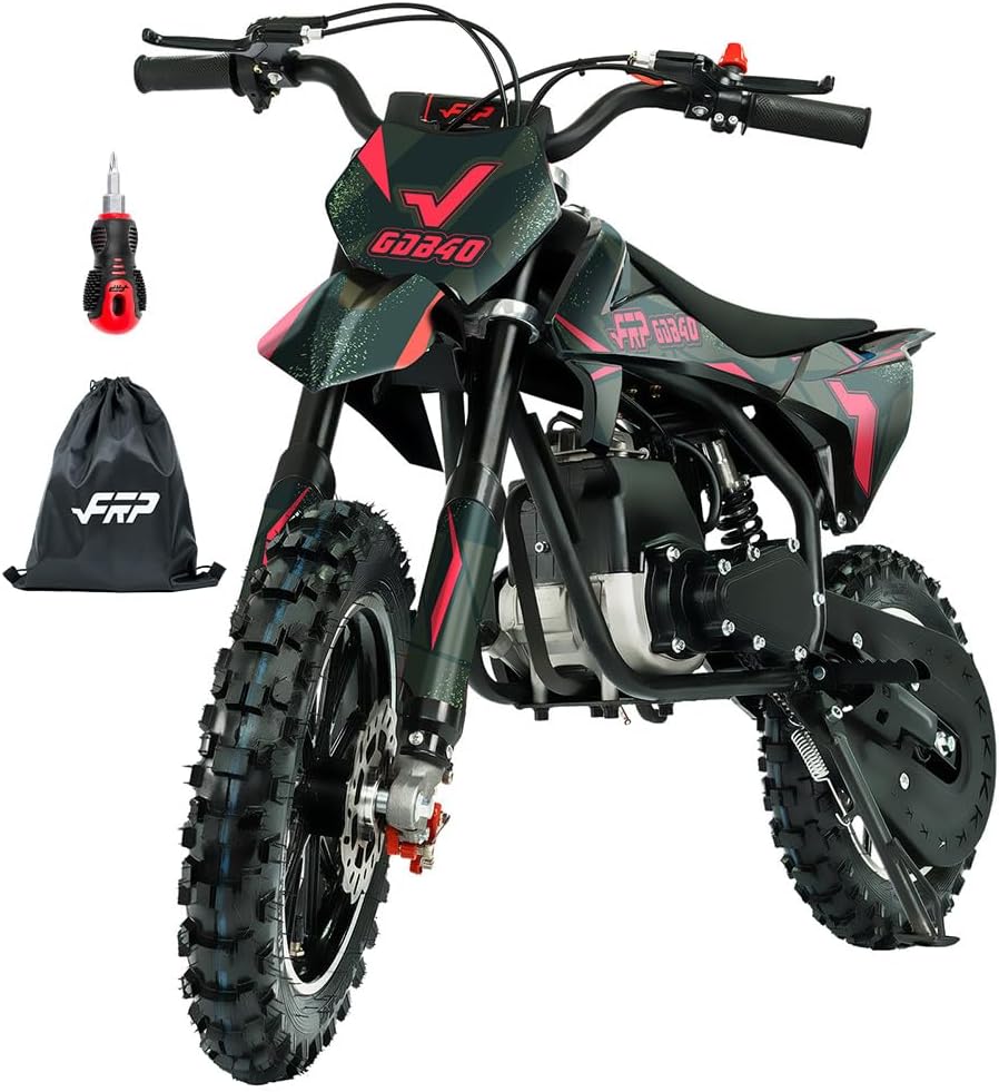 FRP OGM40 Kids Off-Road Dirt Bike 40CC 4-Stroke Gas Powered Mini Motorcycle with Front & Rear Disc Brakes, No Oil Mixing, Easy Pull Start, 20 MPH Max Speed, 132 LBS Capacity (Black)