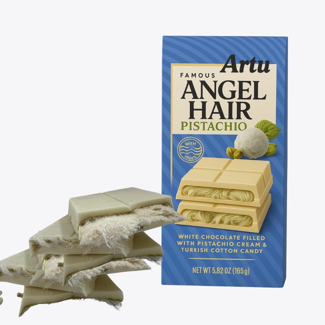 Artu Angel Hair Chocolate 165g - White Flavoured Turkish Floss Chocolate Bar with Pistachio Cream & Cotton Candy Filling - Dubai Chocolates Bar Style - Small Gifts ((Pack of 1)