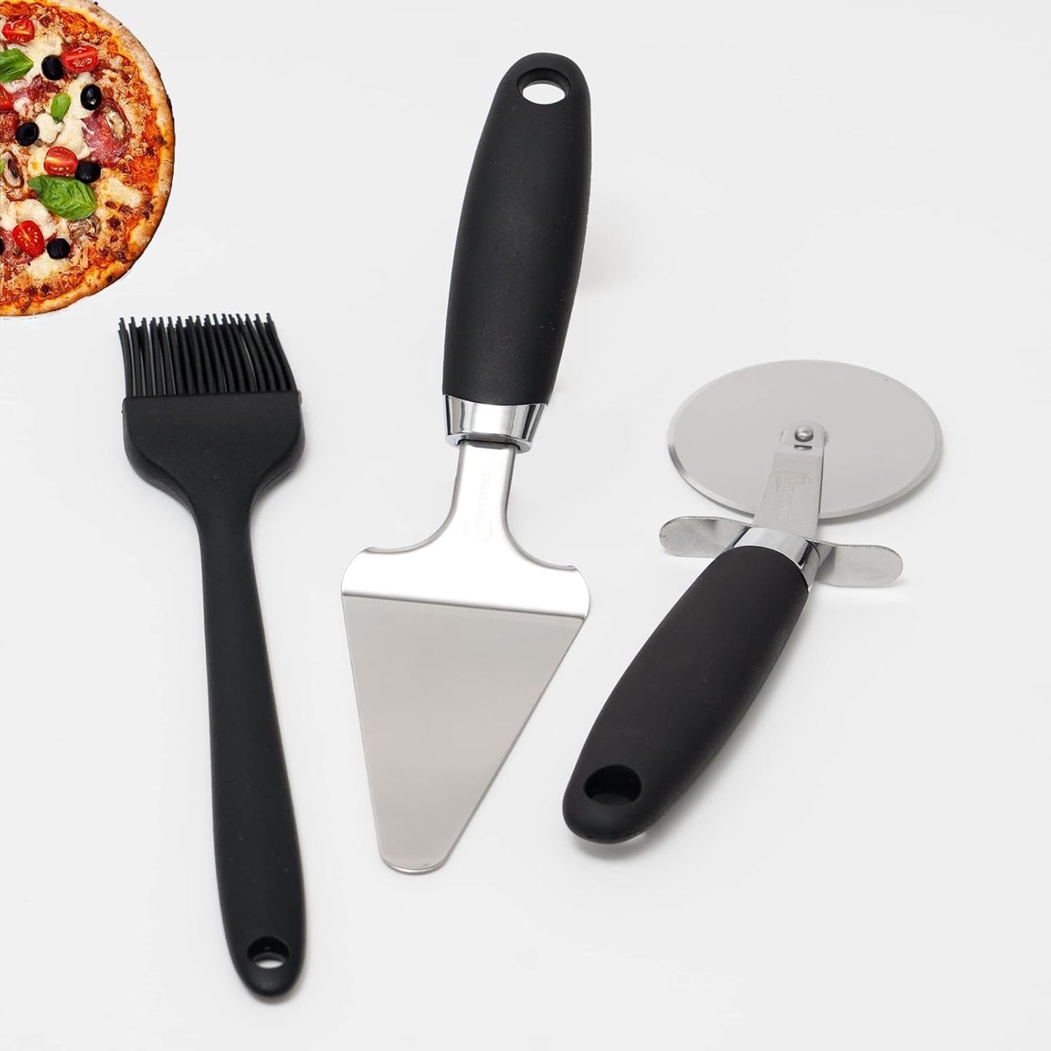 Stainless Steel Pizza Cutter Wheel with Pizza Server and Basting Brush, Ergonomic Cake and Pie Lifter with Pizza Slicing Roller, Pizza Accessories Set of 3 for Home, Restaurants and Bakeries,