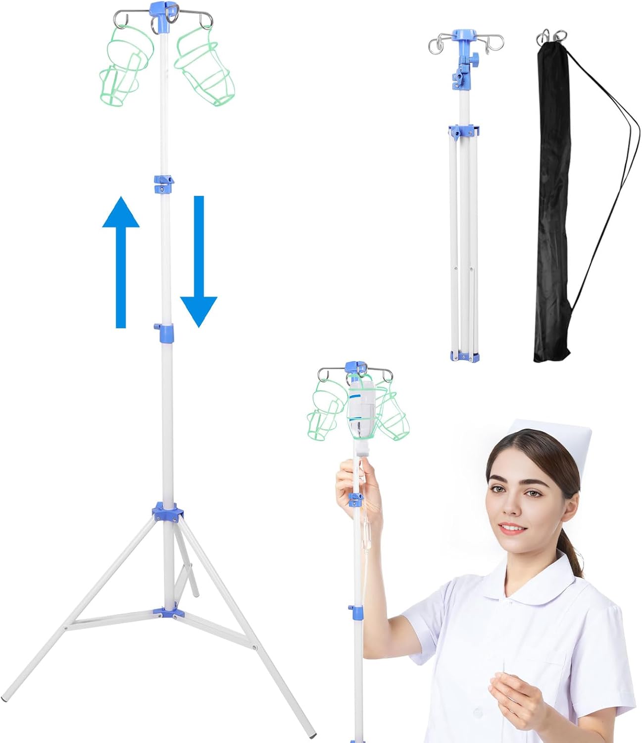 Portable IV Drip Stand, Foldable Tripod Infusion Bag Holder with 4 Hooks