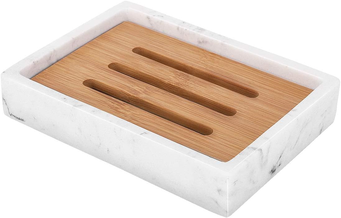 Luxspire Soap Dish Tray, Bathroom Soap Dish, Bamboo Soap Bar Holder for Shower Kitchen Sink, Double Layer Draining Soap Container Box, Wood Soap Case, Bathroom Marble Soap Tray