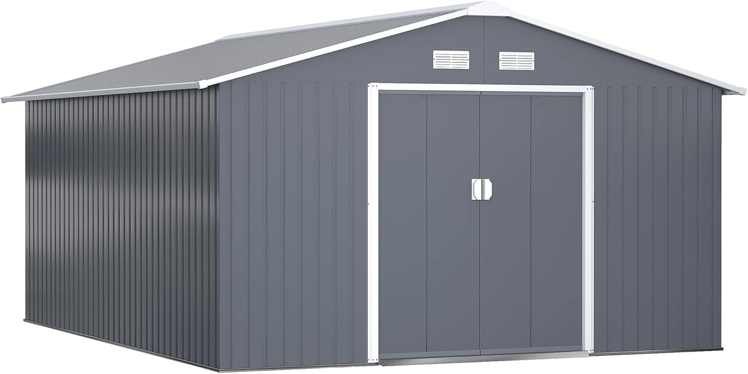 Outsunny 13 x 11ft Metal Garden Shed, Outdoor Storage Tool House with Ventilation Slots, Foundation Kit and Lockable Double Doors, Grey