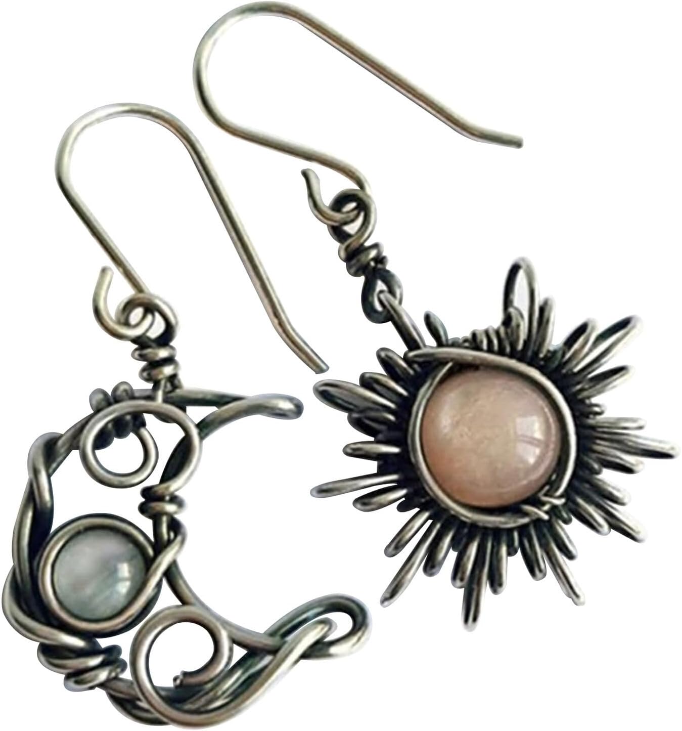 Handmade Antique Boho Silver Sun & Moon Shape Earrings | Unique Celestial Charm Vintage Style | Healing Crystal Mismatched Moonstone Earrings | (1 Pair)