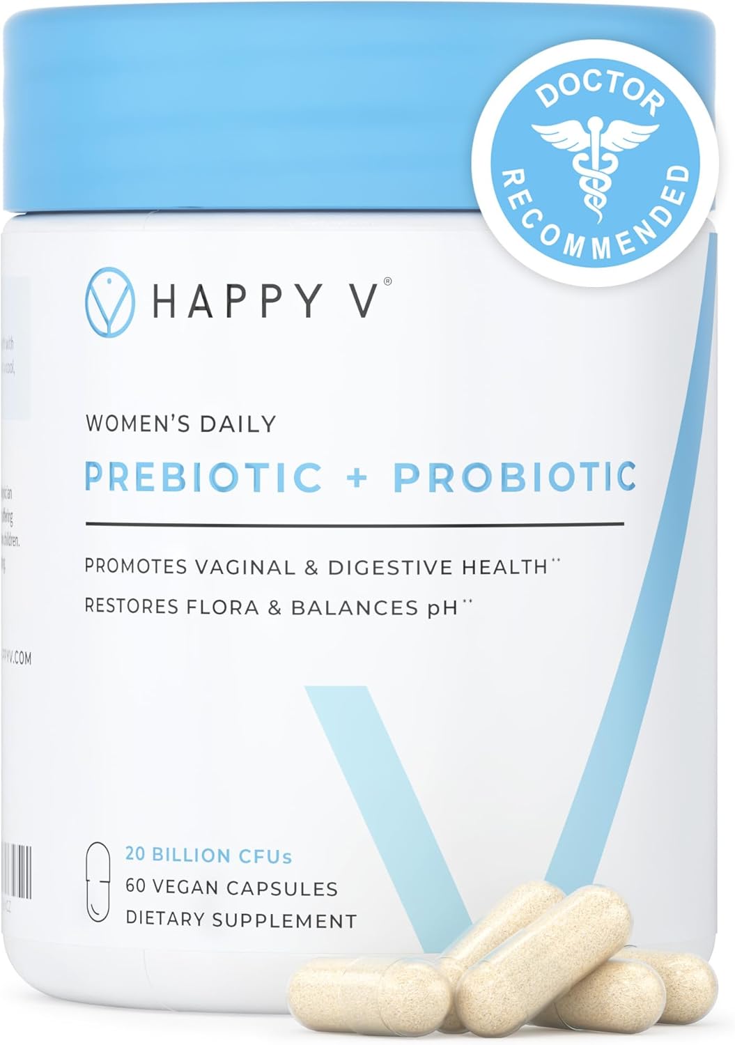 Happy V Dr. Formulated Vaginal Probiotics for Women Odor & Itch Support, Urinary & Gut Health, pH Balance | Womens Daily Probiotic with Patented Prebiotics & Lactobacillus for Feminine Wellness