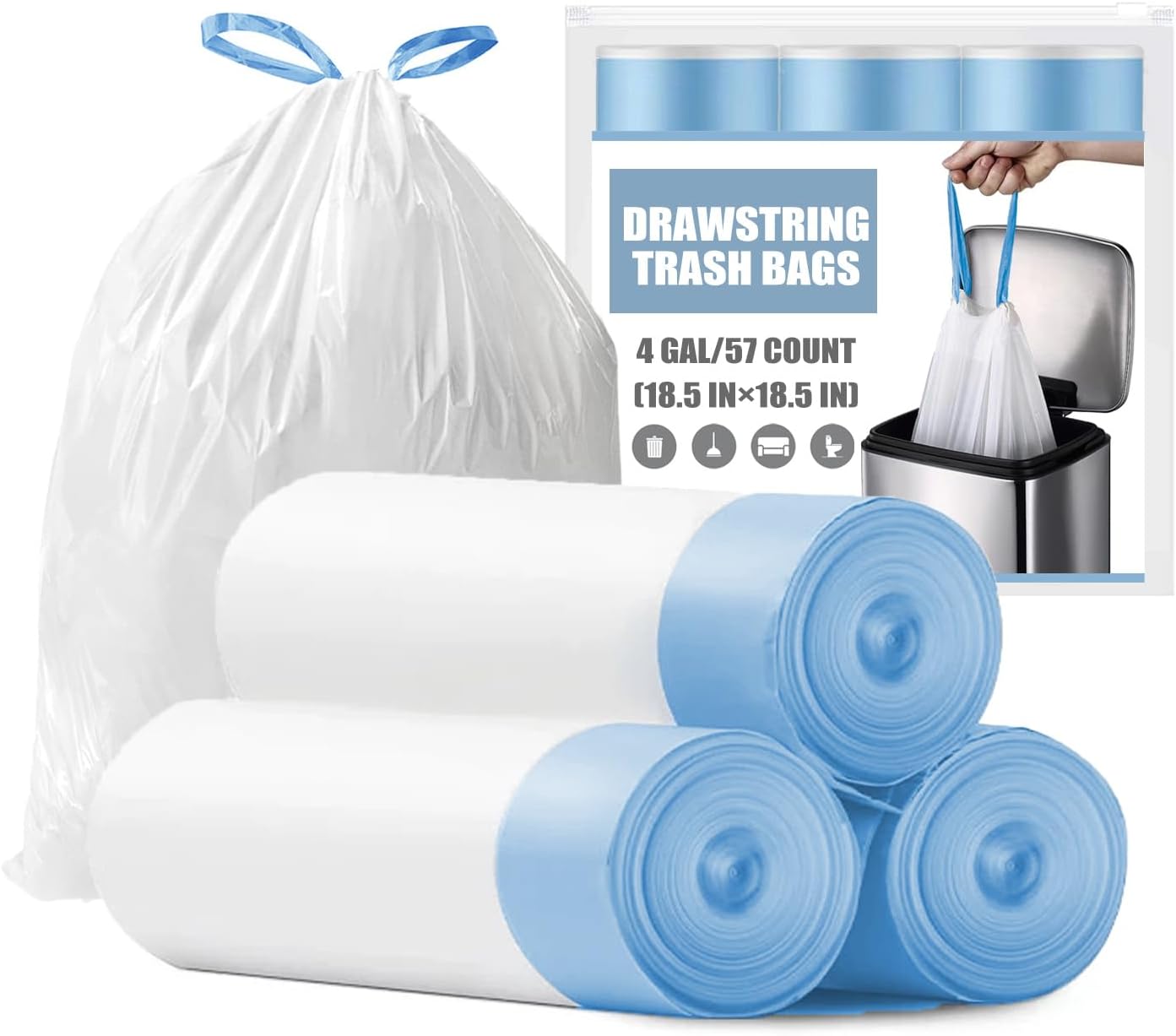 Small Trash Bags 4 Gallon - Drawstring 4 Gallon Trash Bag, Tear-Free 4 Gal Small Garbage Bags, Separated Unscented White Small Trash Bags Bathroom Trash Bags, 57 Count