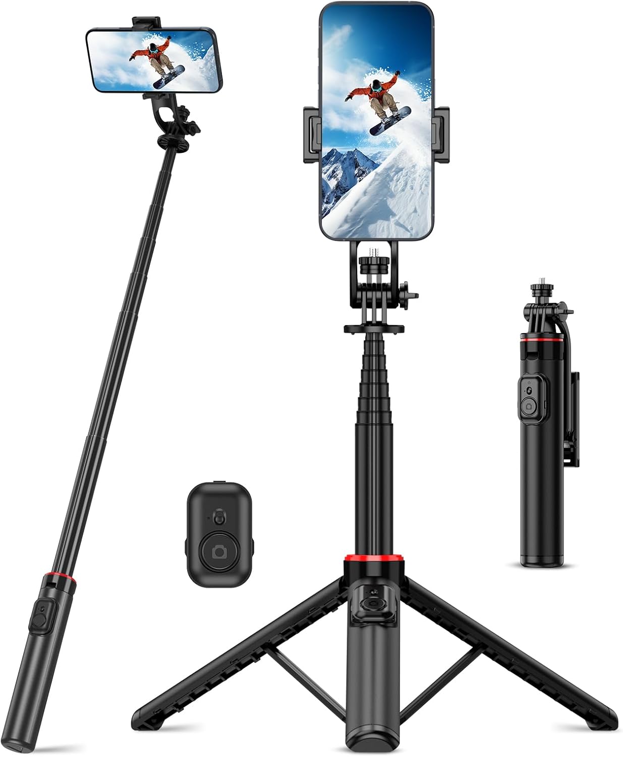 RISEOFLE Selfie Stick Phone Tripod, 130cm Aluminum Alloy Integrated Retractable Tripod for Smartphone, Portable Tripod Stand with Wireless Remote Control for iPhone/Samsung/Android