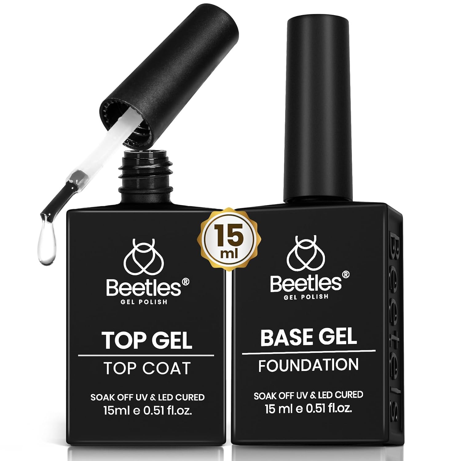 Beetles No Wipe Gel Top Coat and Base Coat Set for Gel Polish - 2Pcs 15ml Super Shiny and Long Lasting for Soak Off LED Nail Lamp Nail Art Design