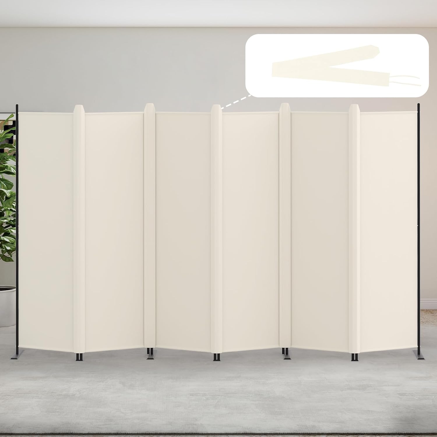Kokorona 6 Panel Folding Room Divider, Portable Privacy Screen for Home Office, Room Wall Divider for Room Separation, Included-Cover Strips, Beige, W 329 x H 176