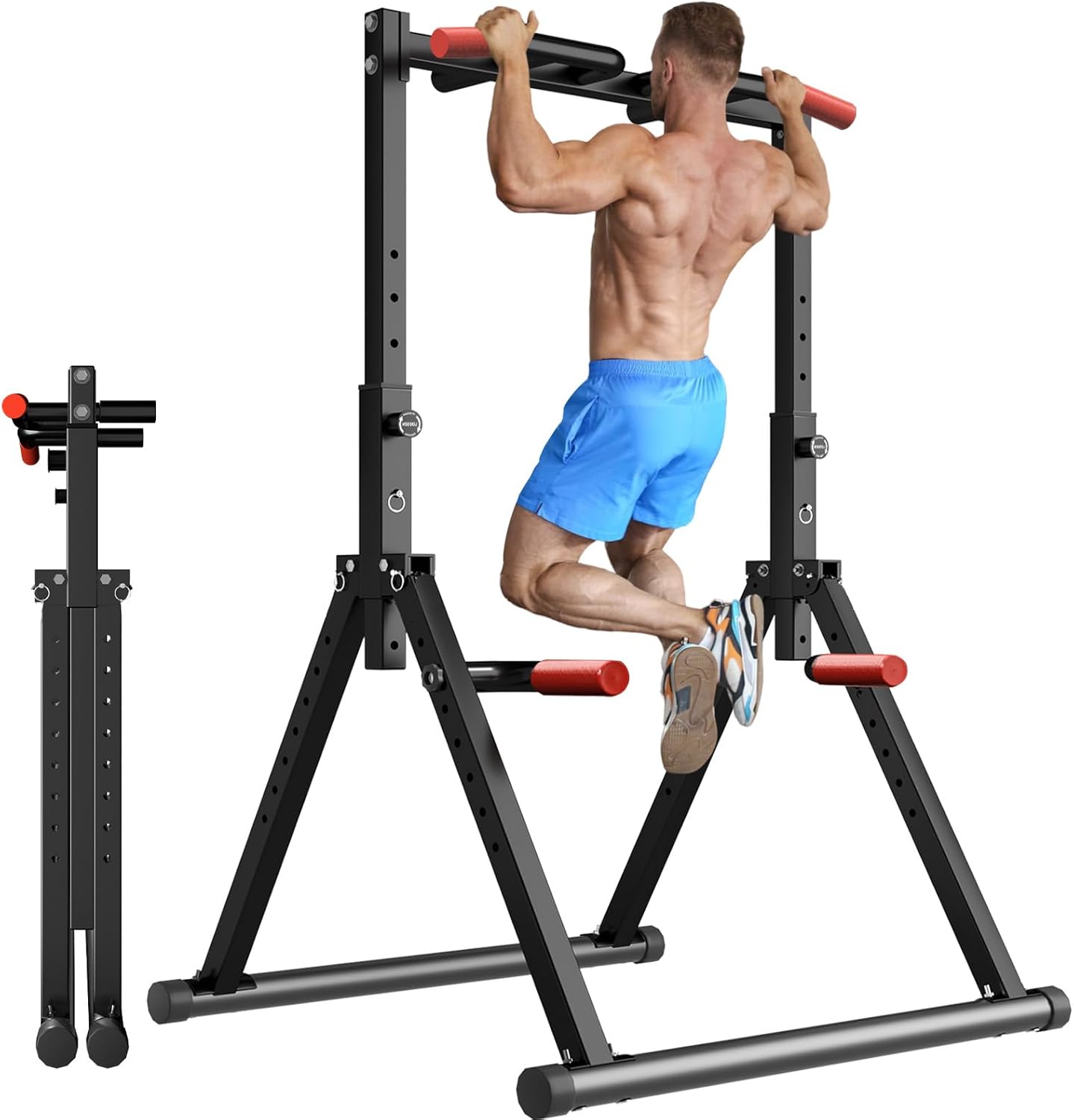 WATBKHE Power Tower Pull Up Dip Station Foldable, Pull Up Bar Station Adjustable, Multi-Function Home Gym, Strength Training Fitness Equipment