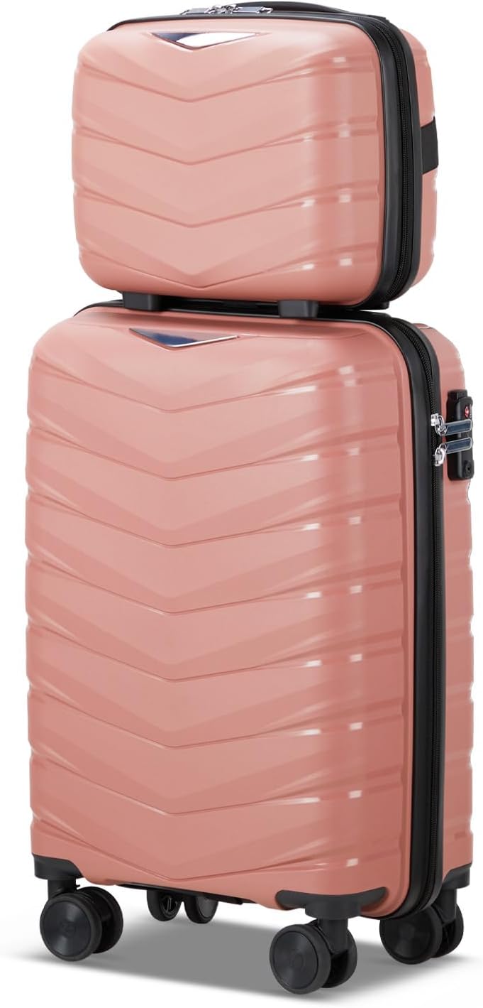 Karl home Luggage Set 2 Piece, PP Hard Shell Suitcase with Spinner Wheels & TSA Lock, Lightweight Carry on Suitcase Set 20in Carry-on with 12 Mini Case, Rose Gold