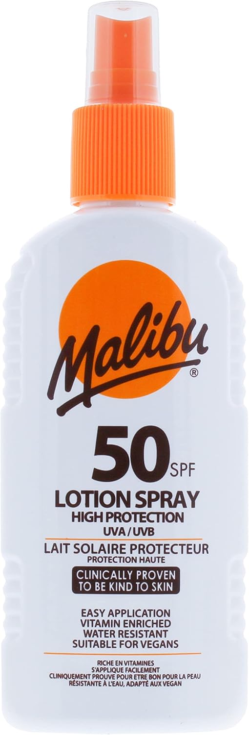 Malibu High Protection Water Resistant Vitamin Enriched SPF 50 Sun-Screen Lotion Spray with Shea Butter Extract, 200ml