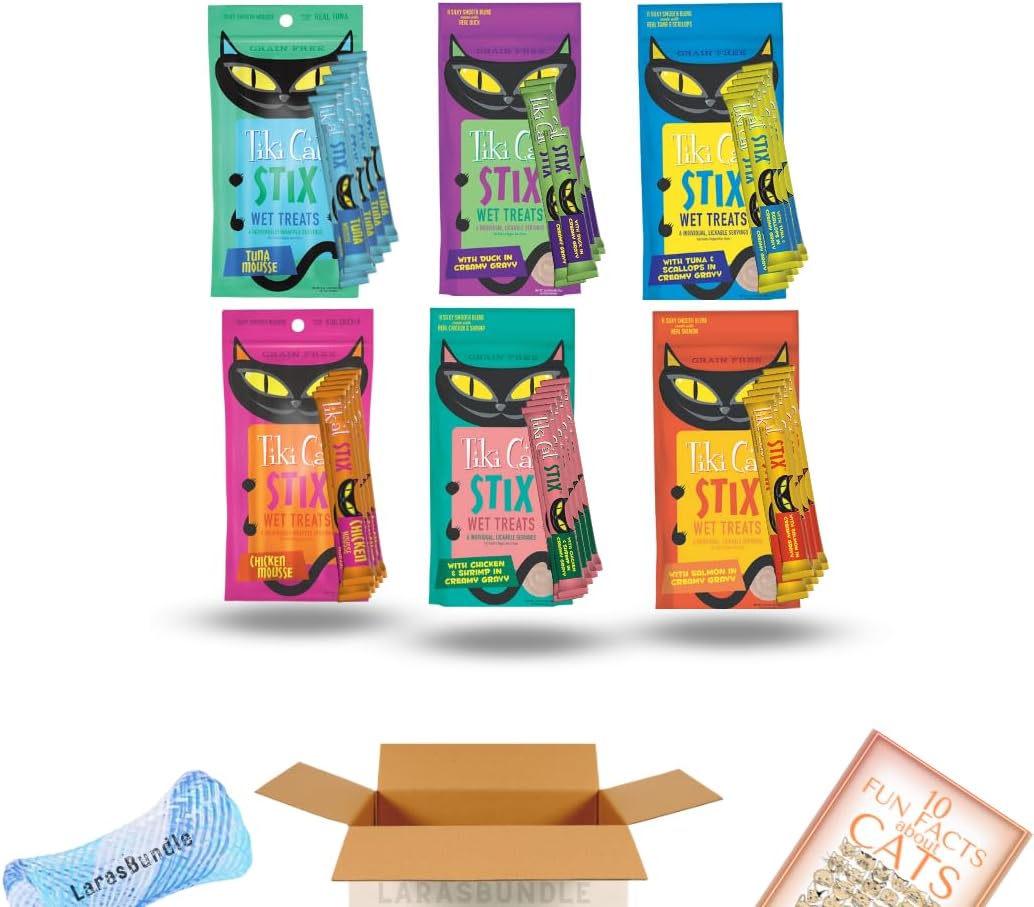 Tiki Stix Wet Mousse Single Serve Lickable Treats | All 6 Flavors | 36 Stix in Total | Bundle with Toy and Booklet