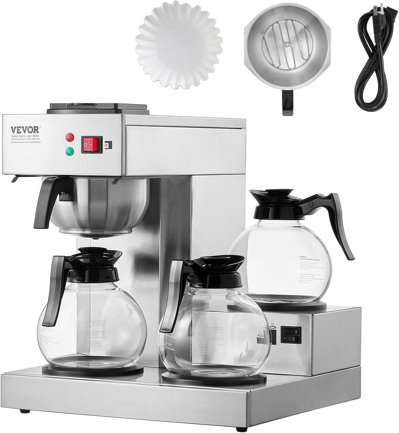 VEVOR 12 Cups Commercial Drip Coffee Maker, Coffee Maker Machine with 3 Glass Carafes and 3 Warmer Plates, Stainless Steel Pour Over Coffee Brewer for Restaurant, Office, Cafe