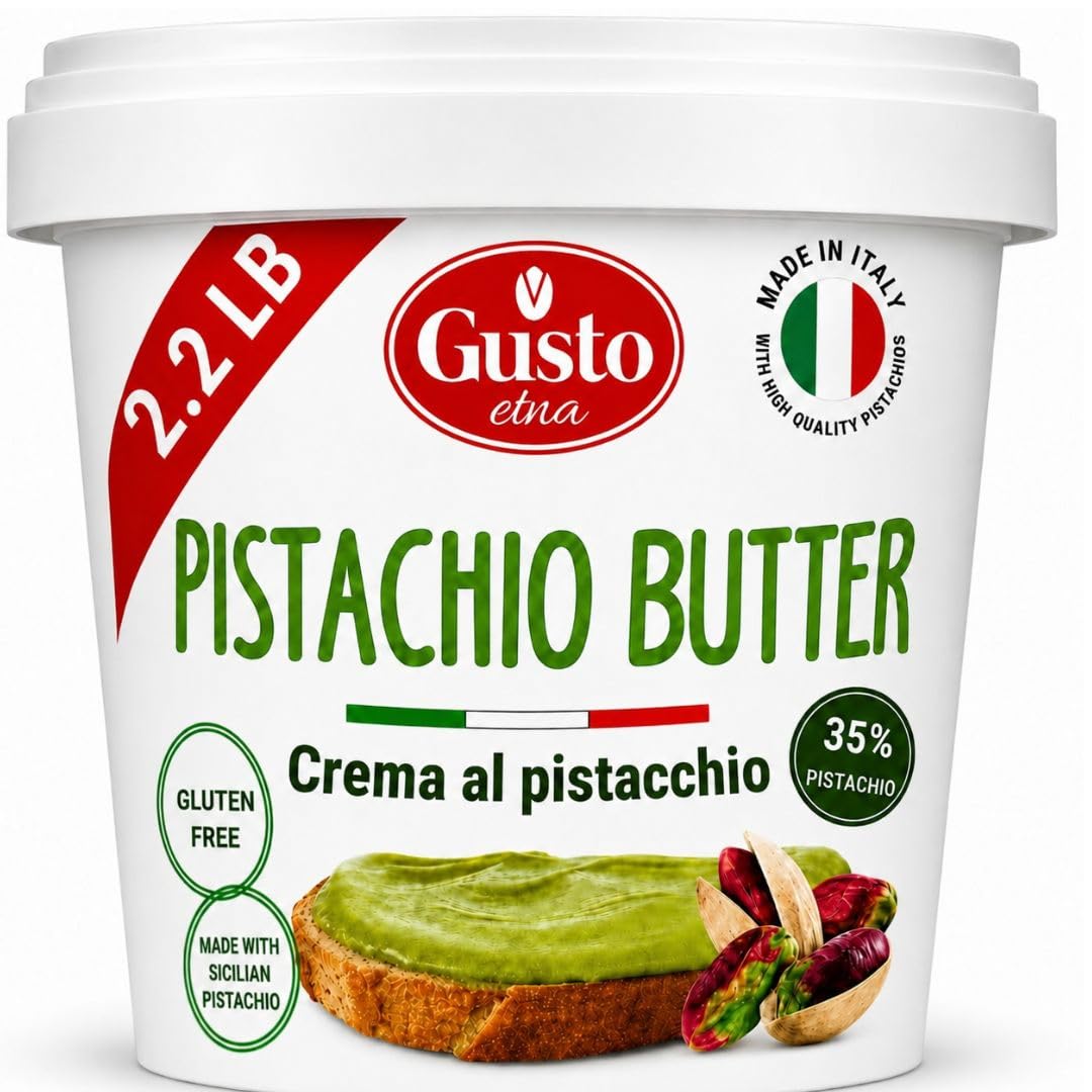 GUSTO ETNA Sicilian Pistachio Cream Spread, 35% Pistachios 2.2 lb (1kg) | Sweet, nutty buttery texture for knafeh dubai pistachio chocolate bars, pastries, and desserts; Product of Sicily, Italy.