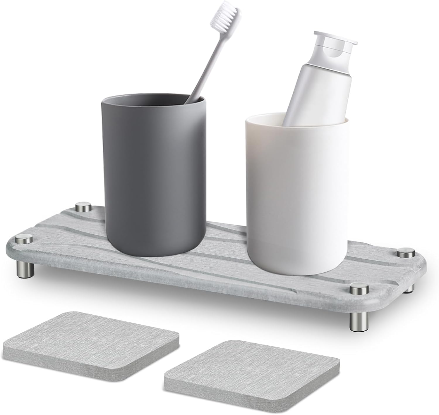Fast Drying Stone Sink Caddy, Instant Dry Sink Organizer Bathroom Tray, Quick Dry Diatomaceous Earth Sponge Holder for Kitchen Sink Tray with 2 Pcs Water Absorbent Coasters(Light Gray)