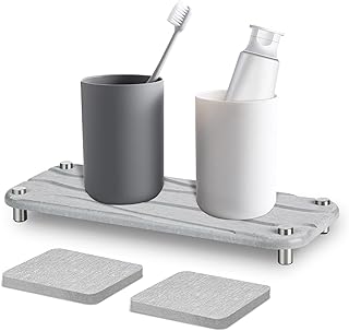 Fast Drying Stone Sink Caddy, Instant Dry Sink Organizer Bathroom Tray, Quick Dry Diatomaceous Earth Sponge Holder for Kitchen Sink Tray with 2 Pcs Water Absorbent Coasters(Light Gray)