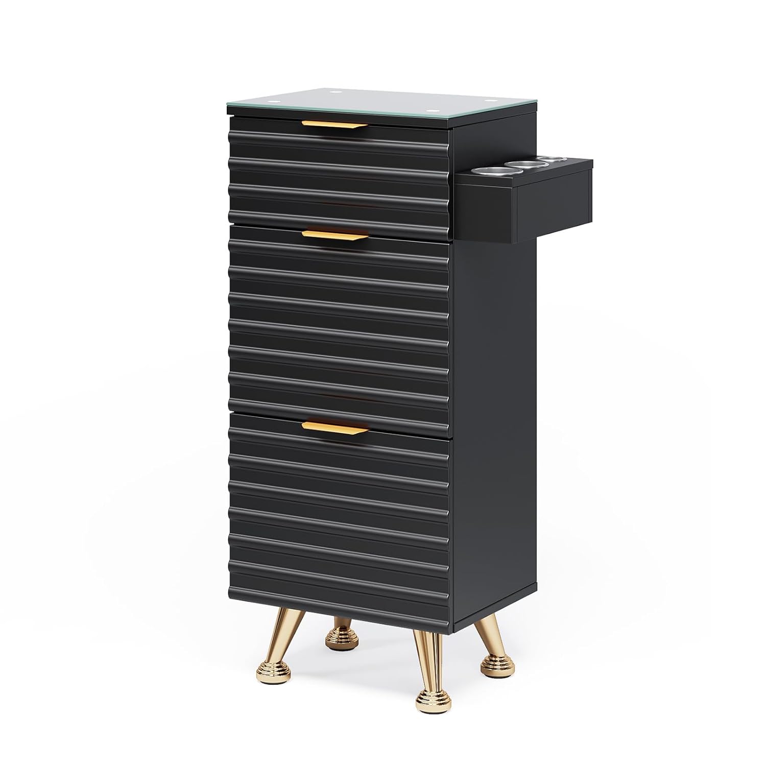 Salon Stations for Hair Stylist, Barber Station with Glass Top & Drawers & Hot Tool Holder, Salon Storage Cabinet Hair Organizer Equipment for Beauty Spa Dresser, Black