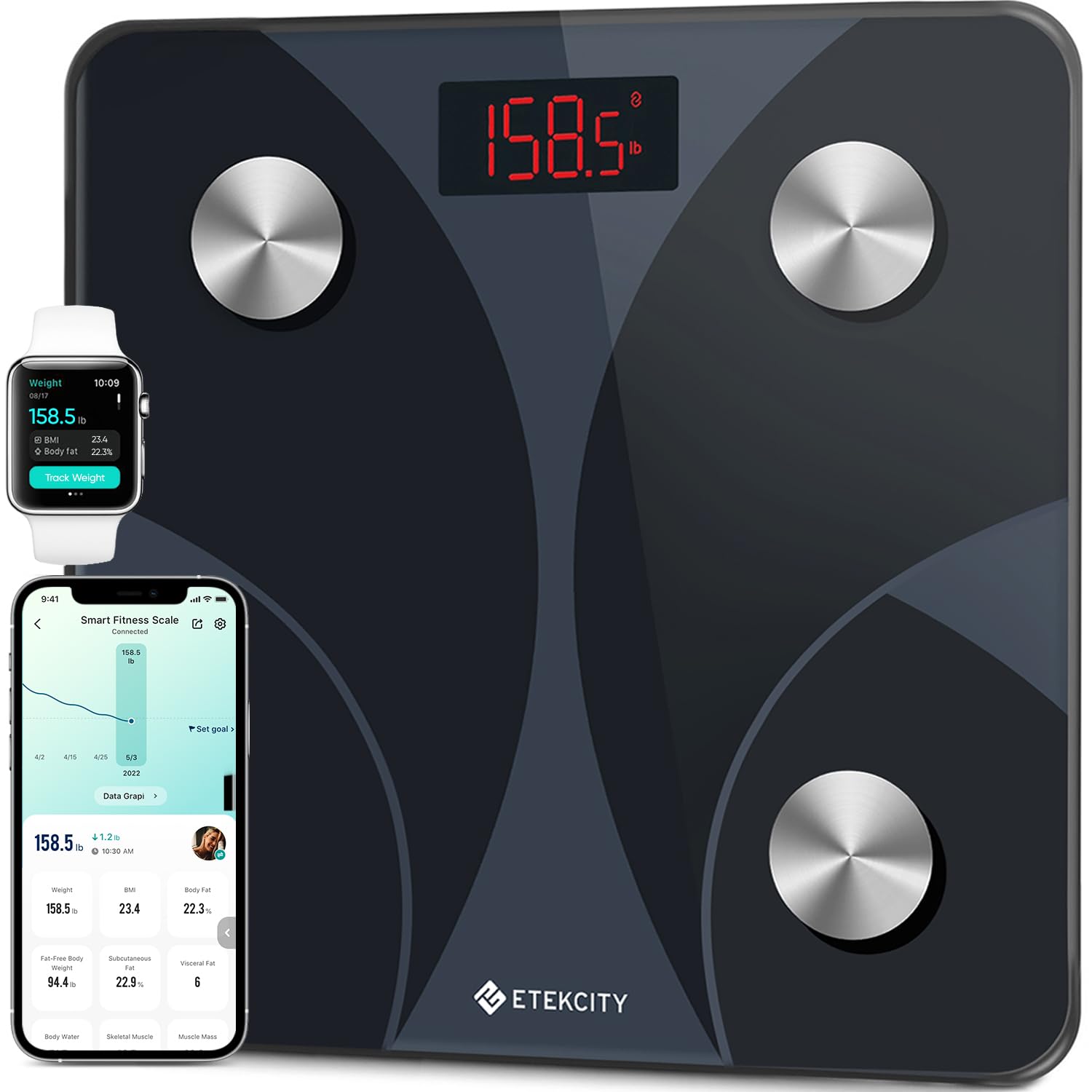 Etekcity Scales for Body Weight, High Precision 0.1lb Bathroom Digital Weighing Scale with App& Bluetooth, Smart Body Composition Monitor for BMI, Fat Percentage, Muscle Mass, Ash-black
