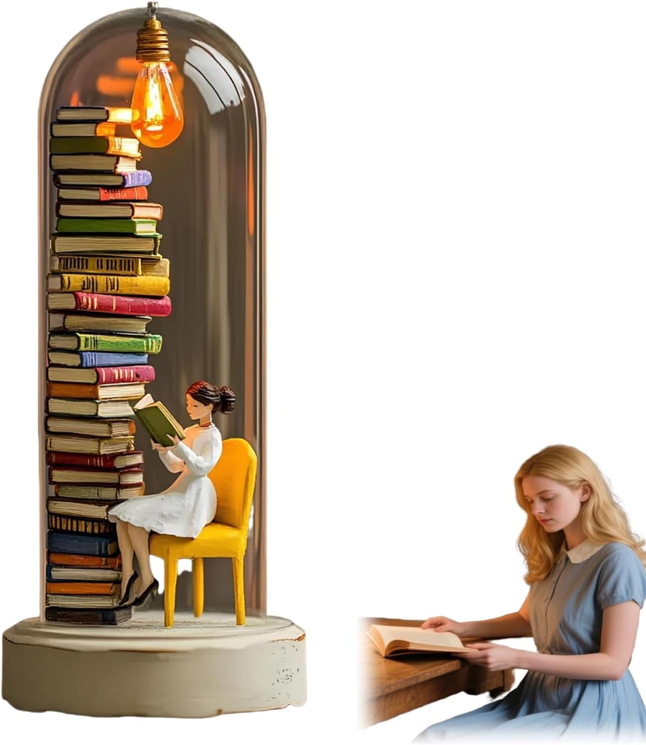 Reader Night Light, Miniature Book Lover Lamp Sculpture with Mini Books and LED Light, Mini Reading Figurine Tiny Bookshelf Library Statue, Gift for Family, Friends, Colleagues (C)