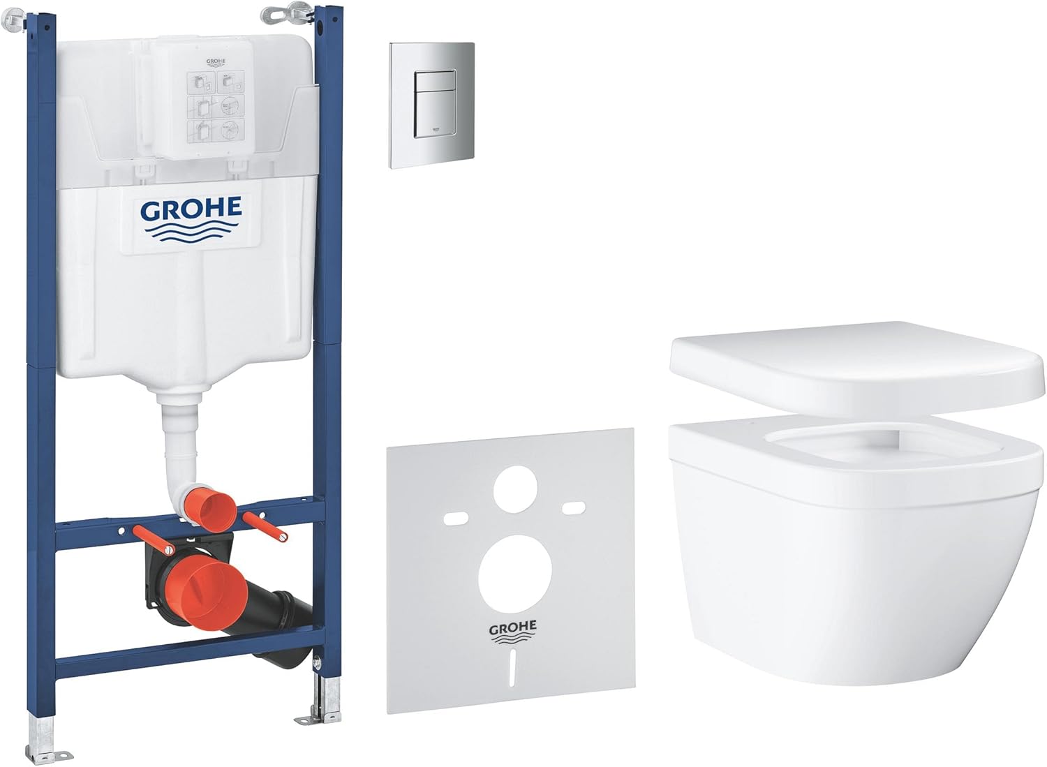 GROHE Solido Euro Ceramic 5-in-1 Box Solution (White Wall Hung Toilet with Soft Close Seat, Chrome Flush Plate, WC Frame 1.13 m, Sound Insulation, 2 Wall Brackets), Ready to Install, 39890000