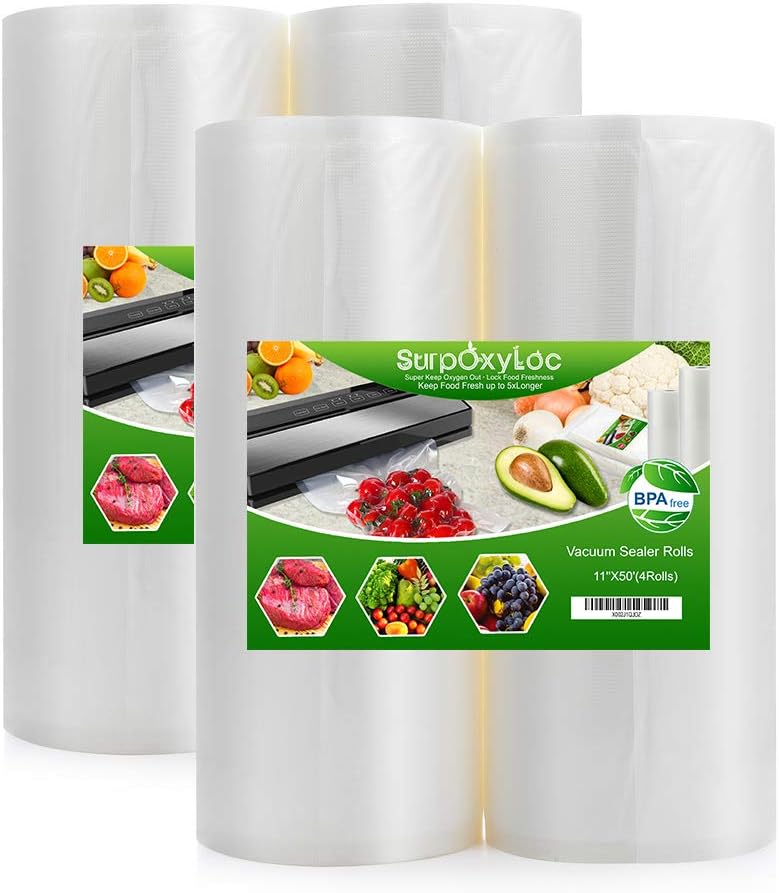 SurpOxyLoc (Total 200 Feet) 4 Pack 11x50 Vacuum Sealer Bags Rolls with BPA Free and Puncture Prevention, Seal a Meal Bags Rolls Work with Any Types Sealer Machine,Great for Sous Vide Cooking