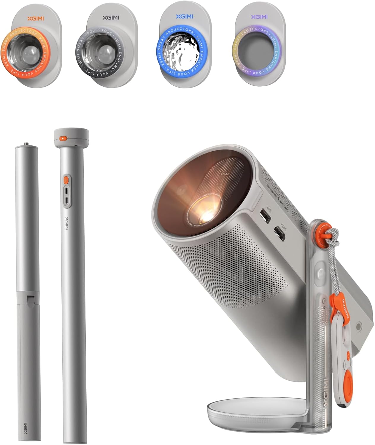 XGIMI MoGo 4 Laser 2025 NEW Portable Projector with PowerBase Stand, 5 Hours of Playtime, Google TV with Licensed Netflix, 360ยฐ Adjustable Stand, 450 ISO Lumens, 2 x 6W Harman Kardon