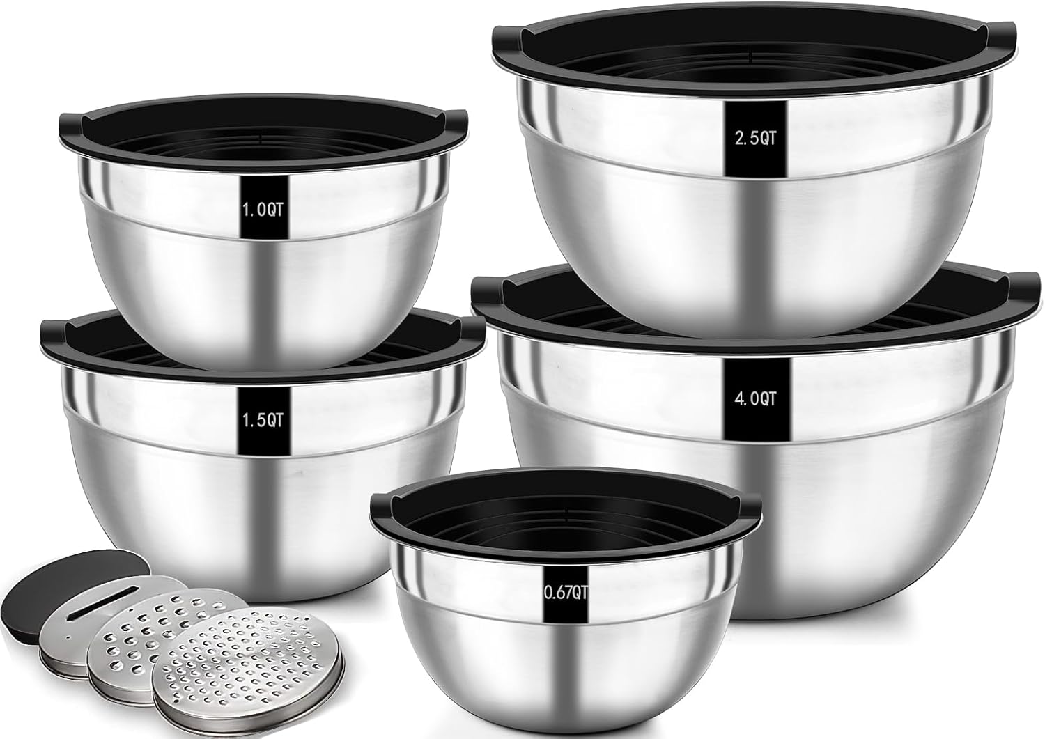 Wildone Mixing Bowls with Airtight Lids, 5 Pieces Stainless Steel Metal Nesting Storage Salad Bowls, Size 4.5L, 2.7L, 1.6L, 1.1L, 0.7L, Suitable for Mixing, Preparing & Serving